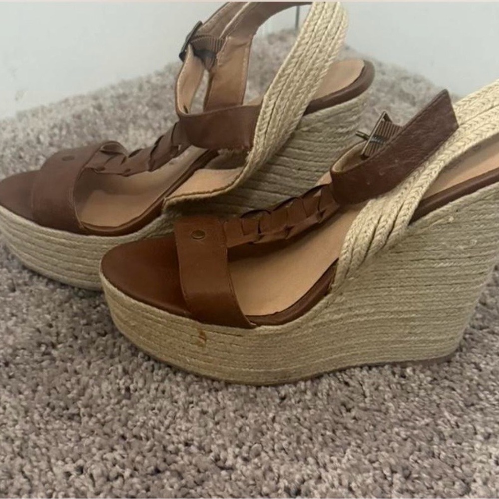 Sbicca Tan and Brown Wedge Sandals